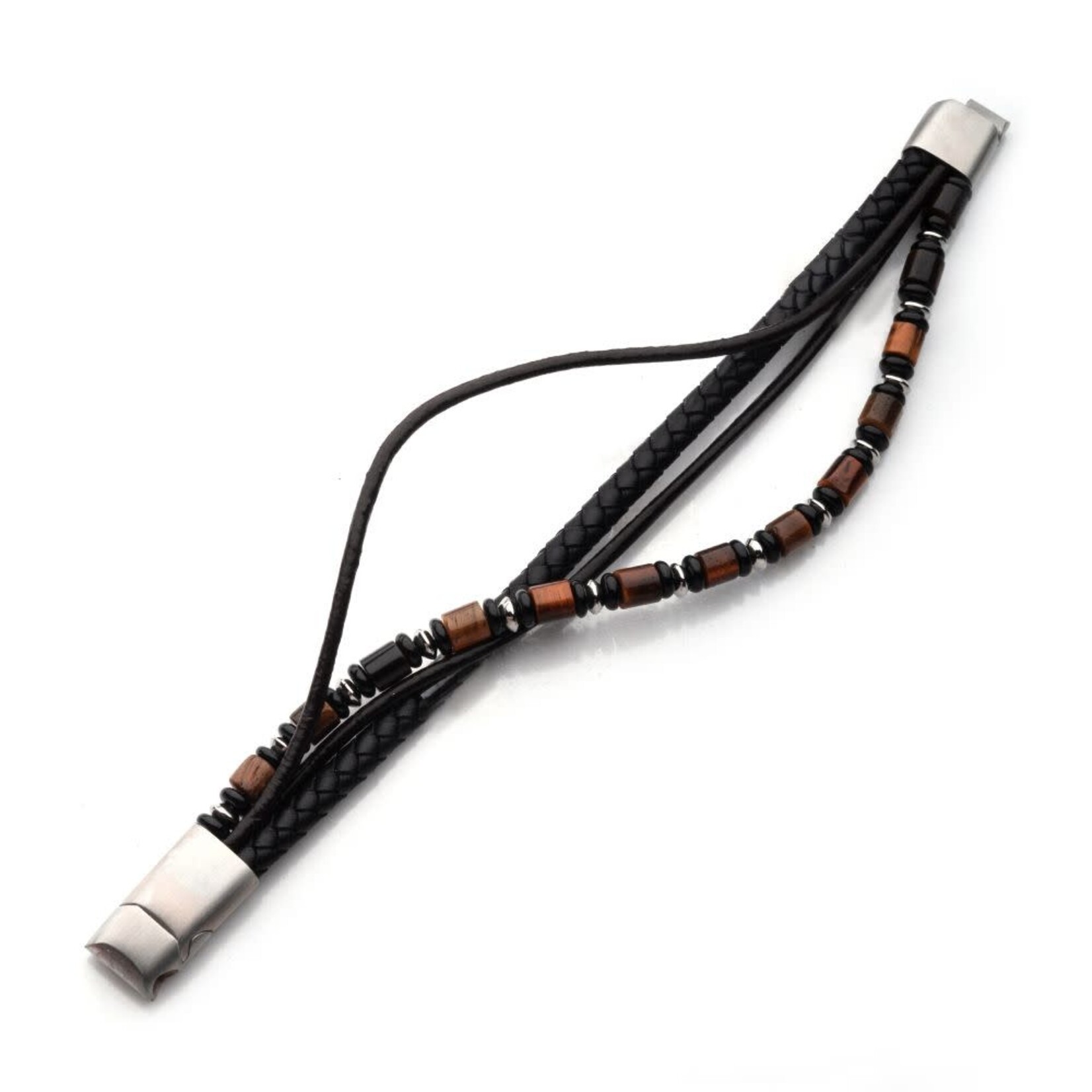 Inox Black & Brown Full Grain Cowhide Leather with Black Onyx & Tiger's Eye Stone Bead Multi-Strand Bracelet 8"-8.5"