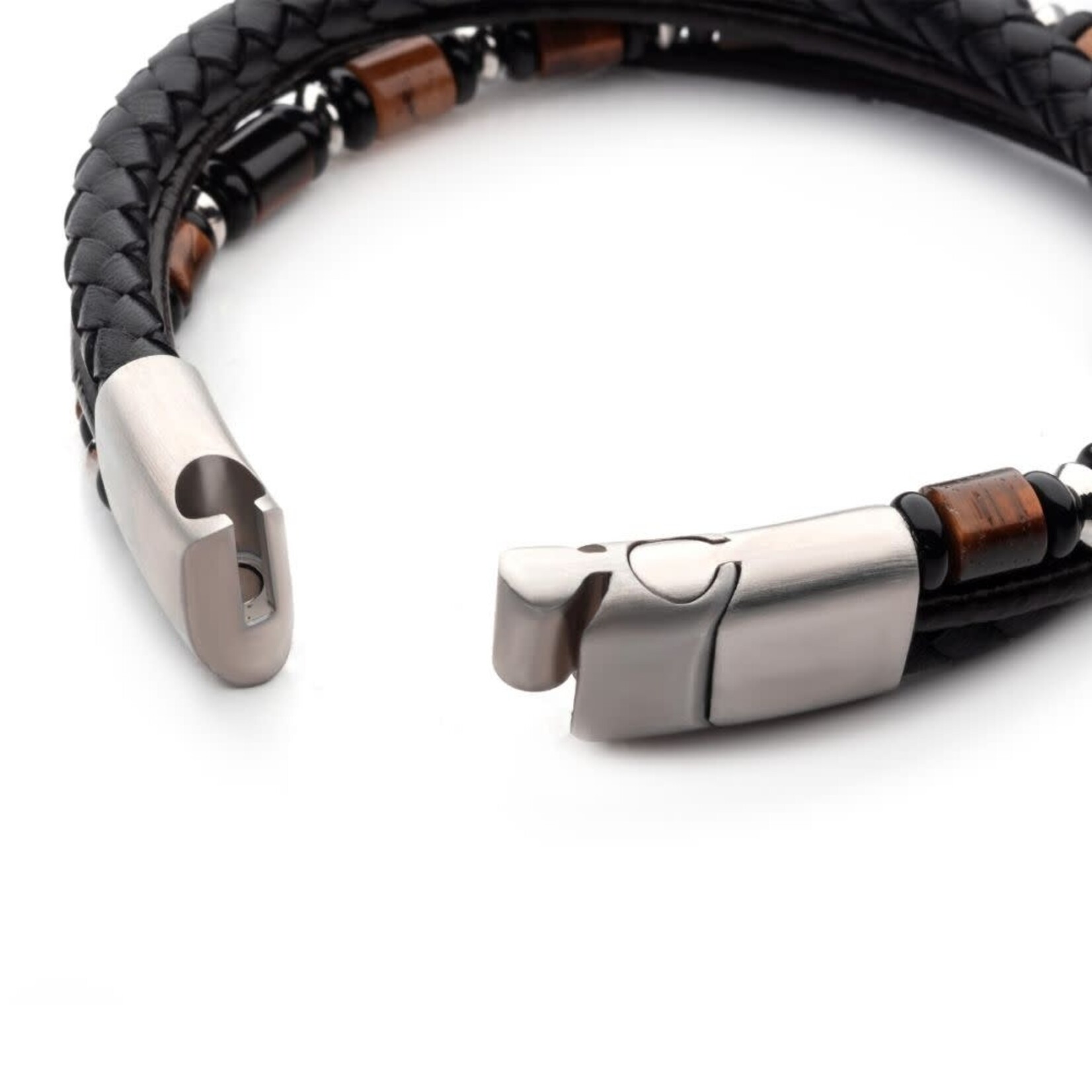 Inox Black & Brown Full Grain Cowhide Leather with Black Onyx & Tiger's Eye Stone Bead Multi-Strand Bracelet 8"-8.5"