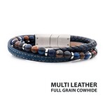 Inox Blue Full Grain Cowhide Leather & Blue Denim with Lapis Lazuli & Tiger's Eye Stone Bead Multi-Strand Bracelet 8"-8.5"