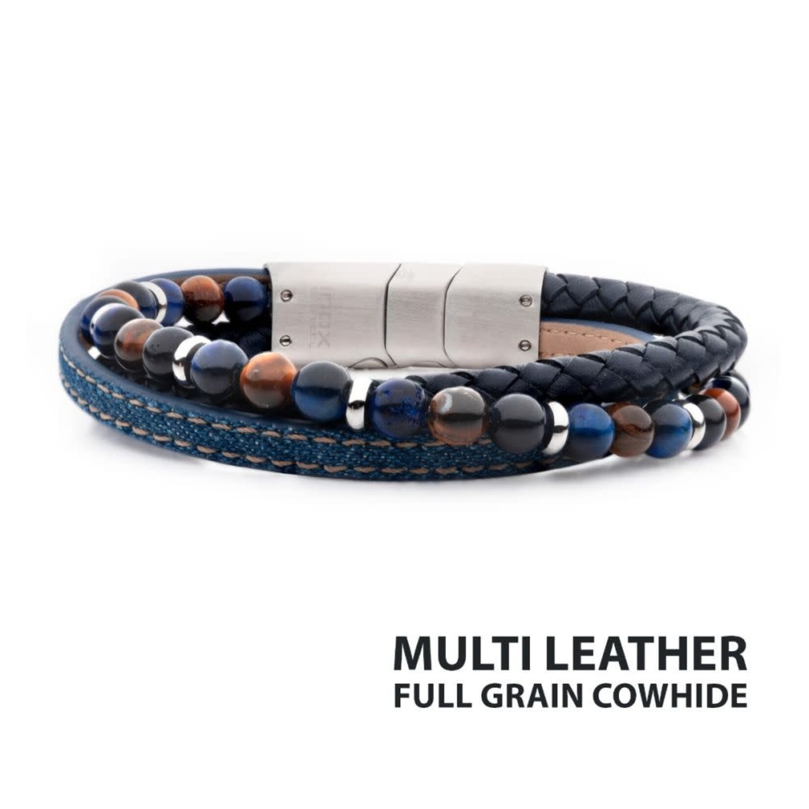 Inox Blue Full Grain Cowhide Leather & Blue Denim with Lapis Lazuli & Tiger's Eye Stone Bead Multi-Strand Bracelet 8"-8.5"