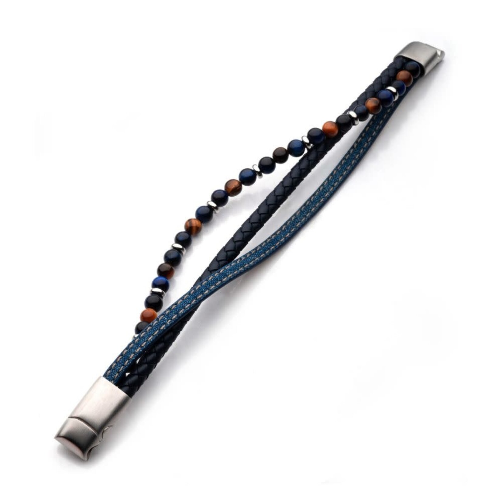Inox Blue Full Grain Cowhide Leather & Blue Denim with Lapis Lazuli & Tiger's Eye Stone Bead Multi-Strand Bracelet 8"-8.5"