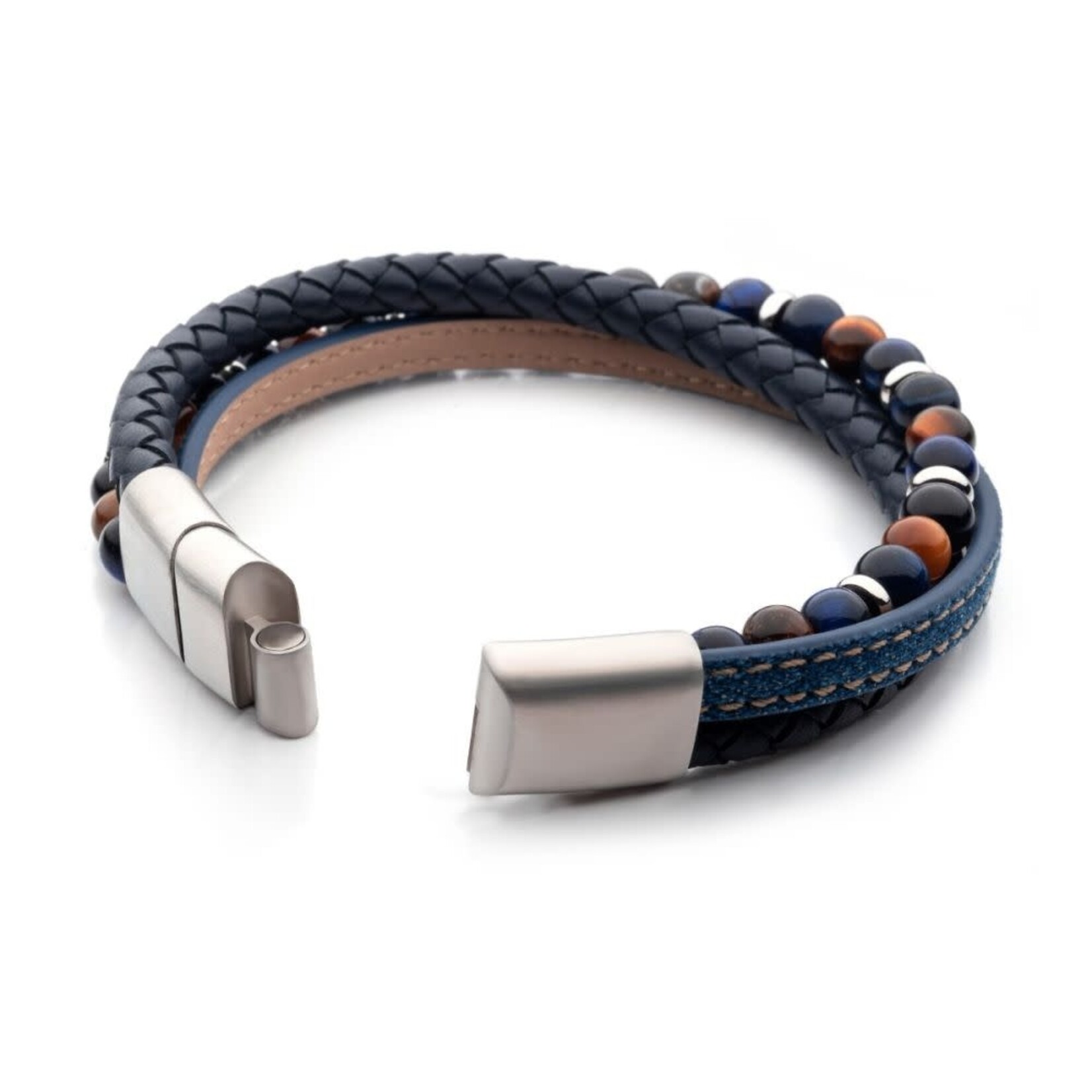 Inox Blue Full Grain Cowhide Leather & Blue Denim with Lapis Lazuli & Tiger's Eye Stone Bead Multi-Strand Bracelet 8"-8.5"
