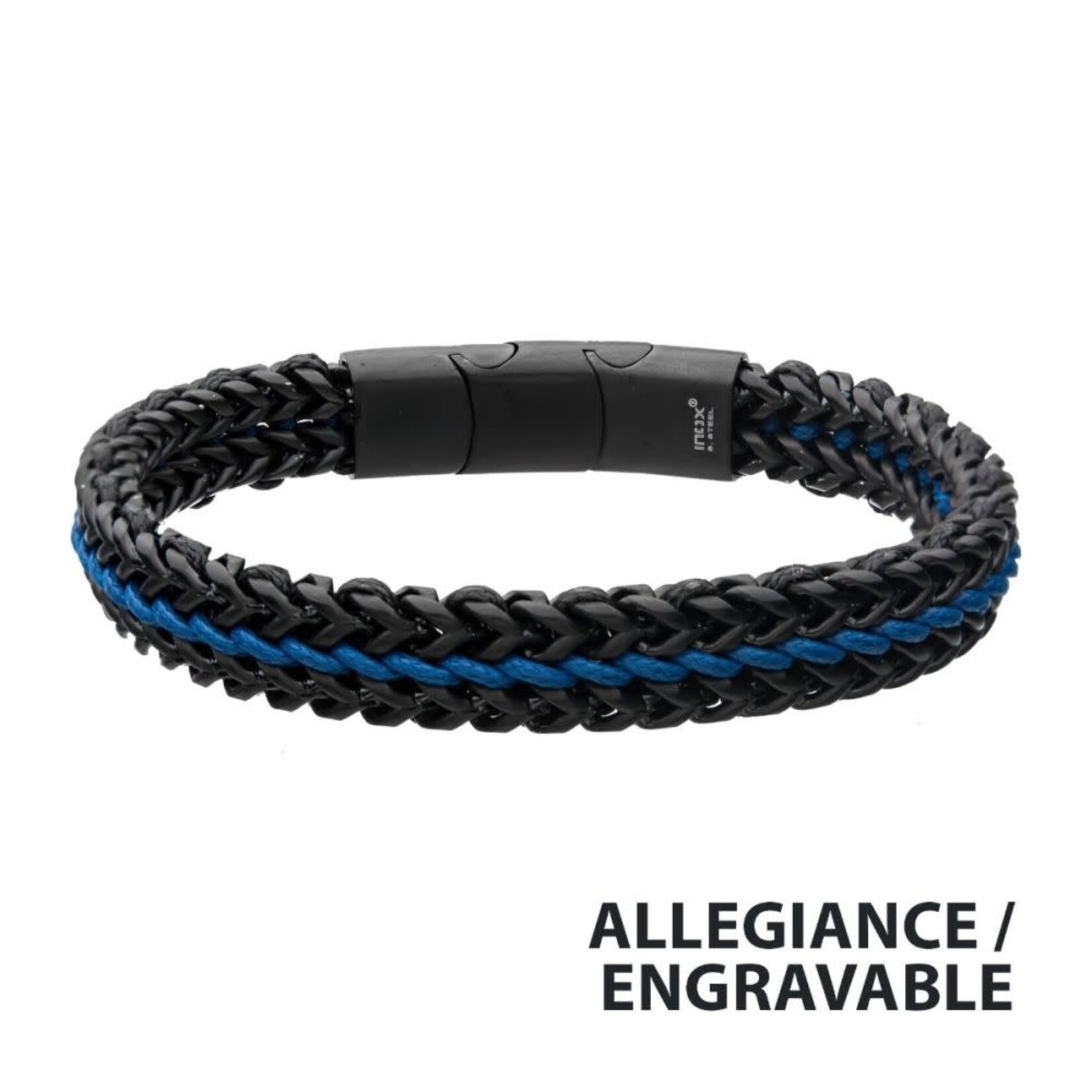 Inox Antique Finish Black IP Stainless Steel Foxtail Chain with Blue Wax Cord Bracelet 7.75"-8.25"
