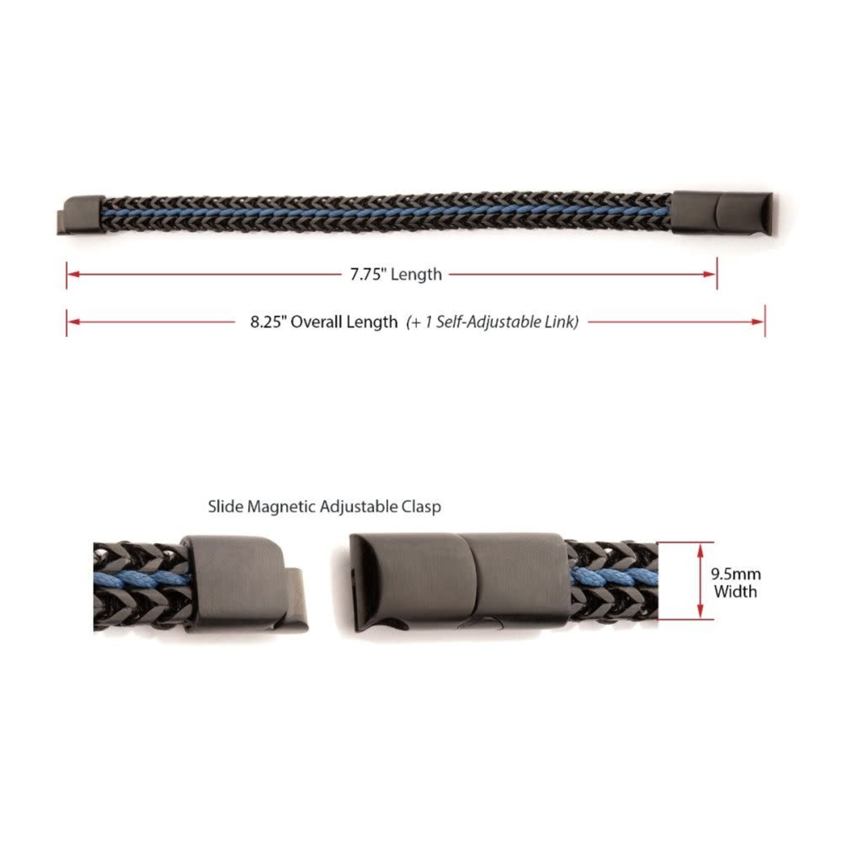 Inox Antique Finish Black IP Stainless Steel Foxtail Chain with Blue Wax Cord Bracelet 7.75"-8.25"