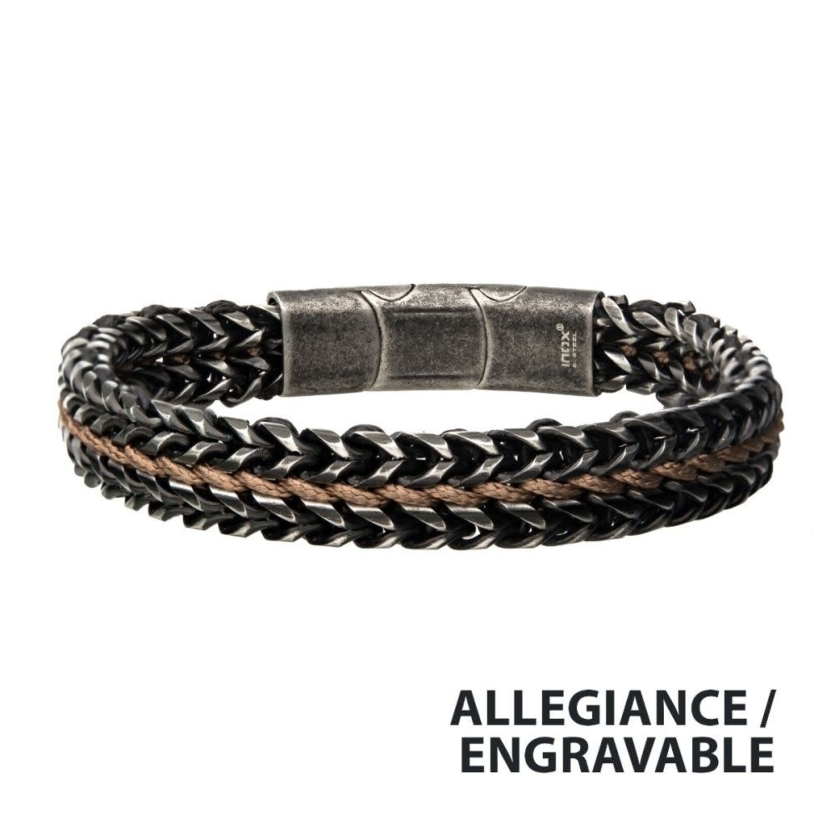 Inox Antique Finish Stainless Steel Foxtail Chain with Brown Wax Cord Bracelet 7.75"-8.25"