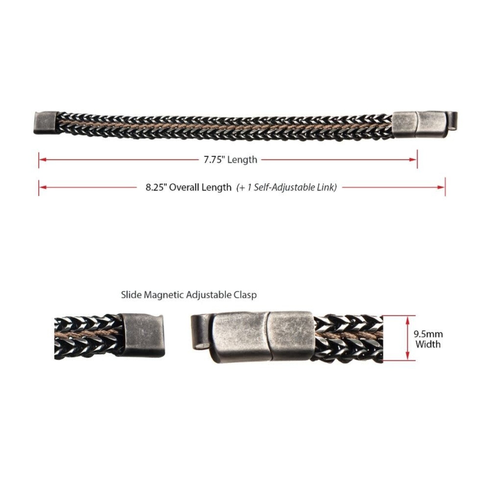 Inox Antique Finish Stainless Steel Foxtail Chain with Brown Wax Cord Bracelet 7.75"-8.25"