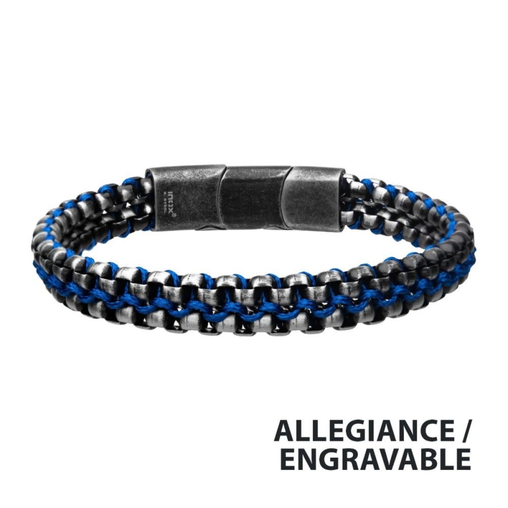 Inox Antique Finish Stainless Steel Box Chain with Blue Wax Cord Bracelet 7.75"-8.25"