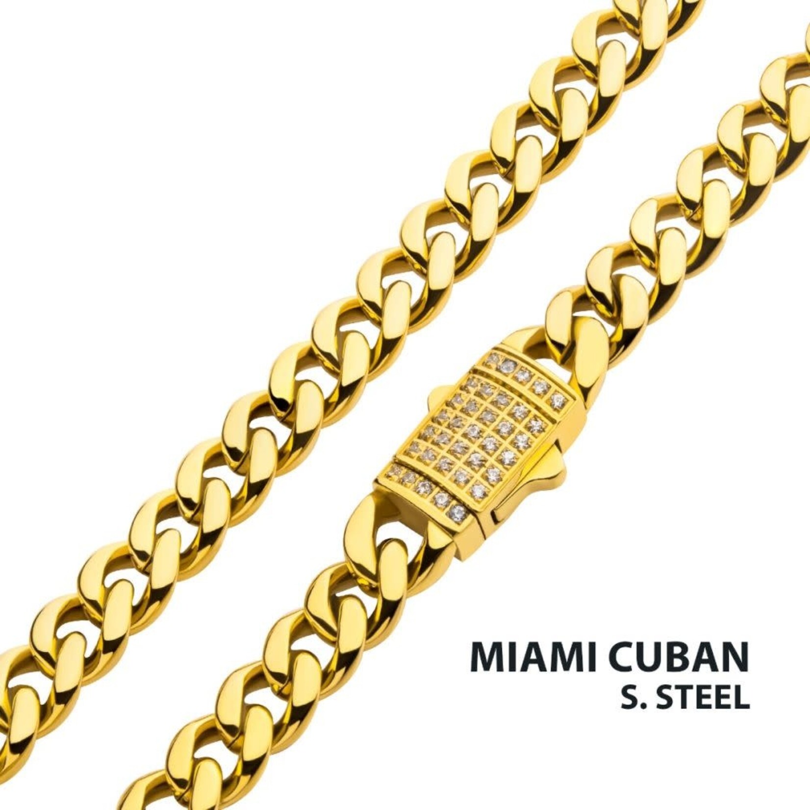 Inox 6mm 18Kt Gold IP Miami Cuban Chain Necklace with CNC Precision Set CZ Double Tab Box Clasp 22"