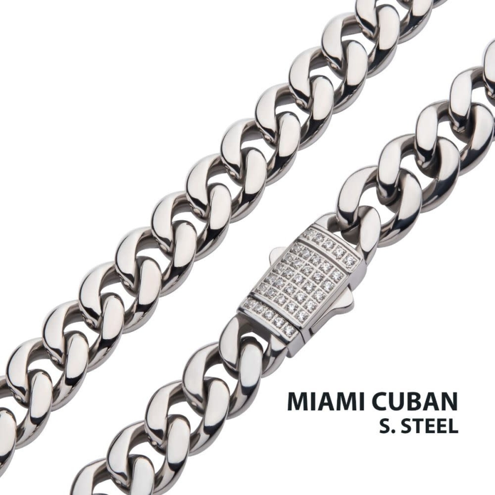 Inox 8mm Steel Miami Cuban Chain Necklace with CNC Precision Set CZ Double Tab Box Clasp 22"