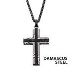 Inox Black IP Damascus Steel Cross Pendant with Ebony Wood Inlay 24"