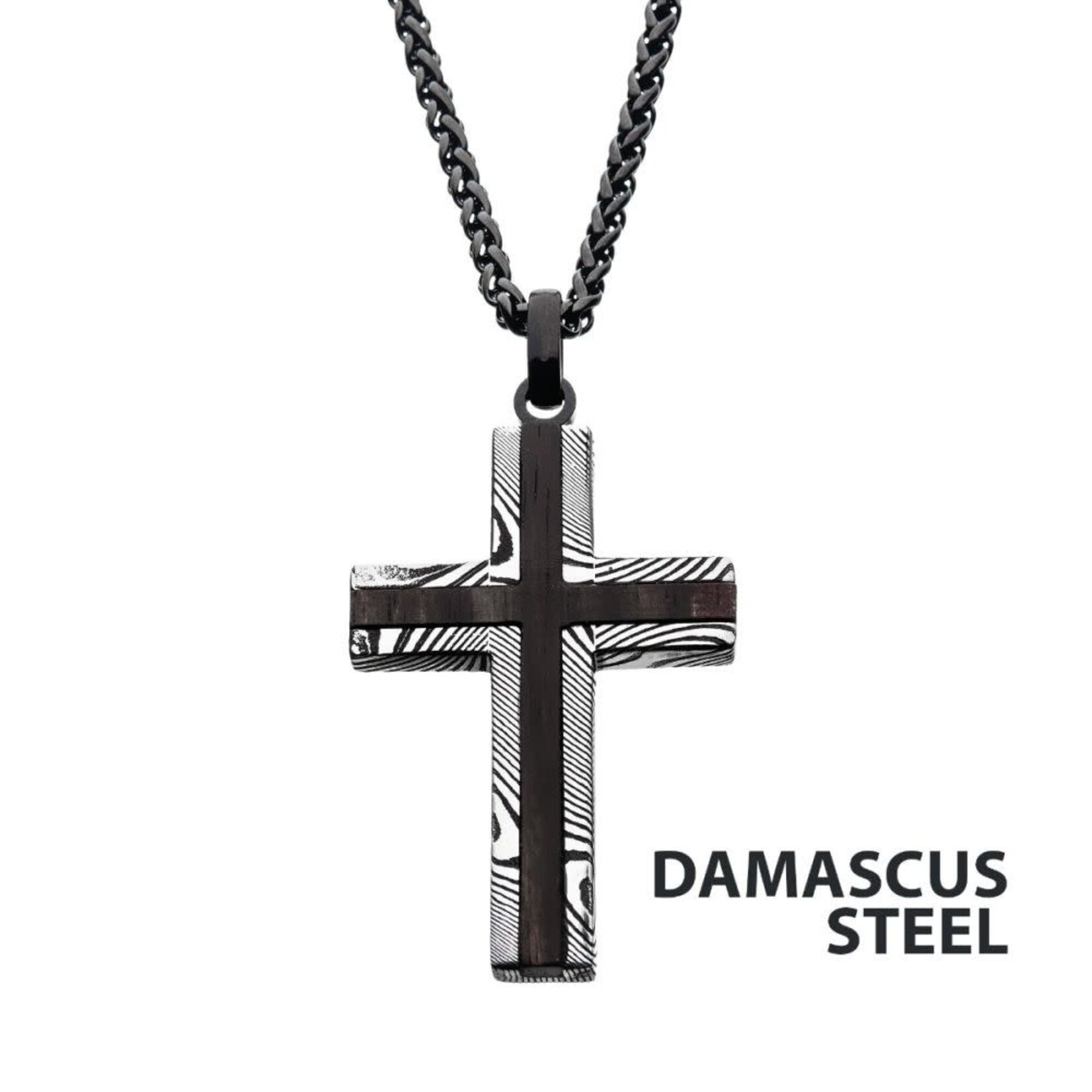 Inox Black IP Damascus Steel Cross Pendant with Ebony Wood Inlay 24"