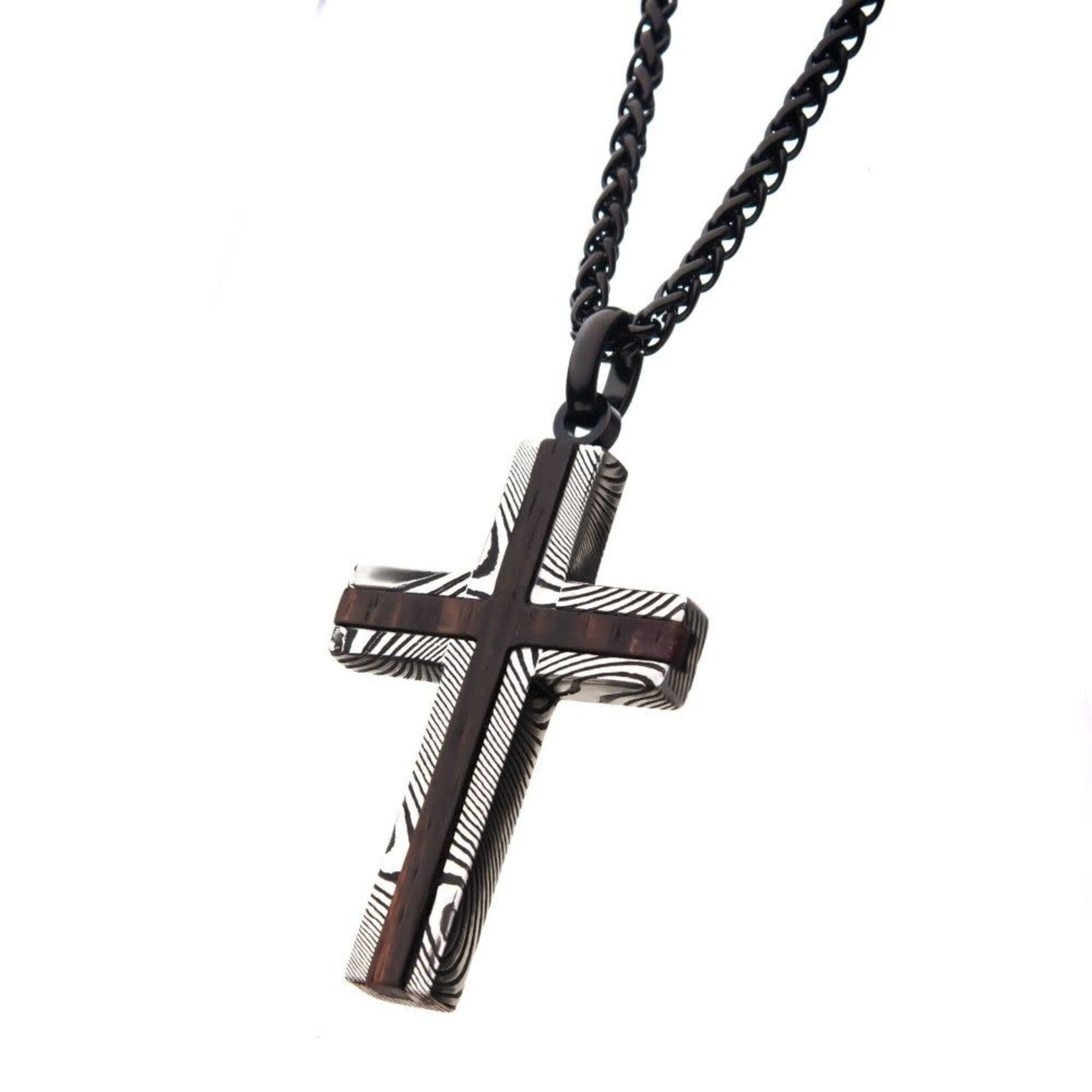 Inox Black IP Damascus Steel Cross Pendant with Ebony Wood Inlay 24"