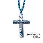 Inox Blue IP Damascus Steel Cross Pendant 24"