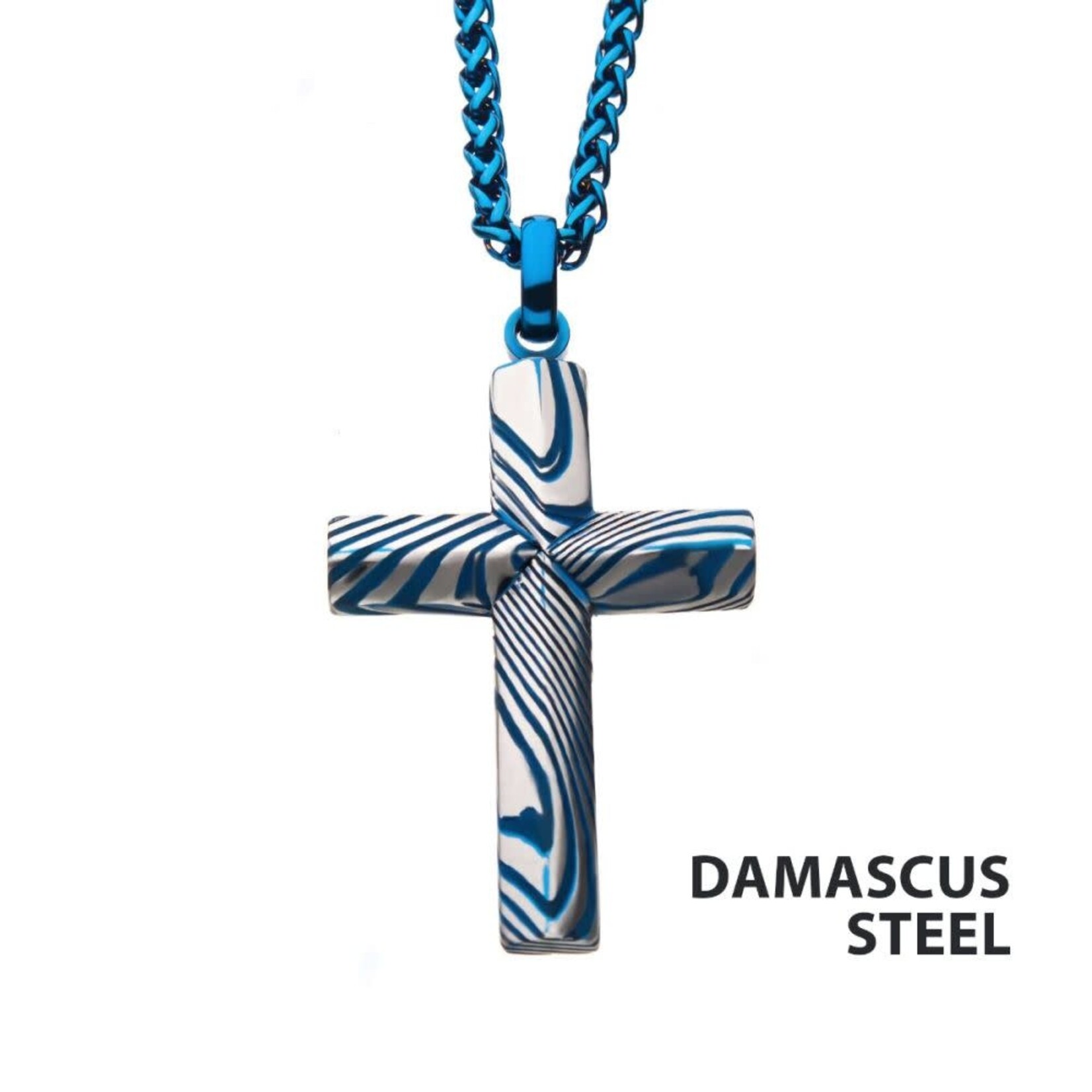 Inox Blue IP Damascus Steel Cross Pendant 24"