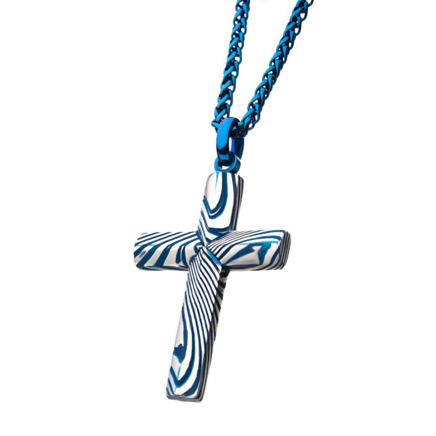 Inox Blue IP Damascus Steel Cross Pendant 24"