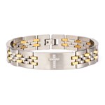 Inox Stainless Steel Two Tone with Clear CZ Stone Cross in Steel ID Panther Link Bracelet 8.5"-9"