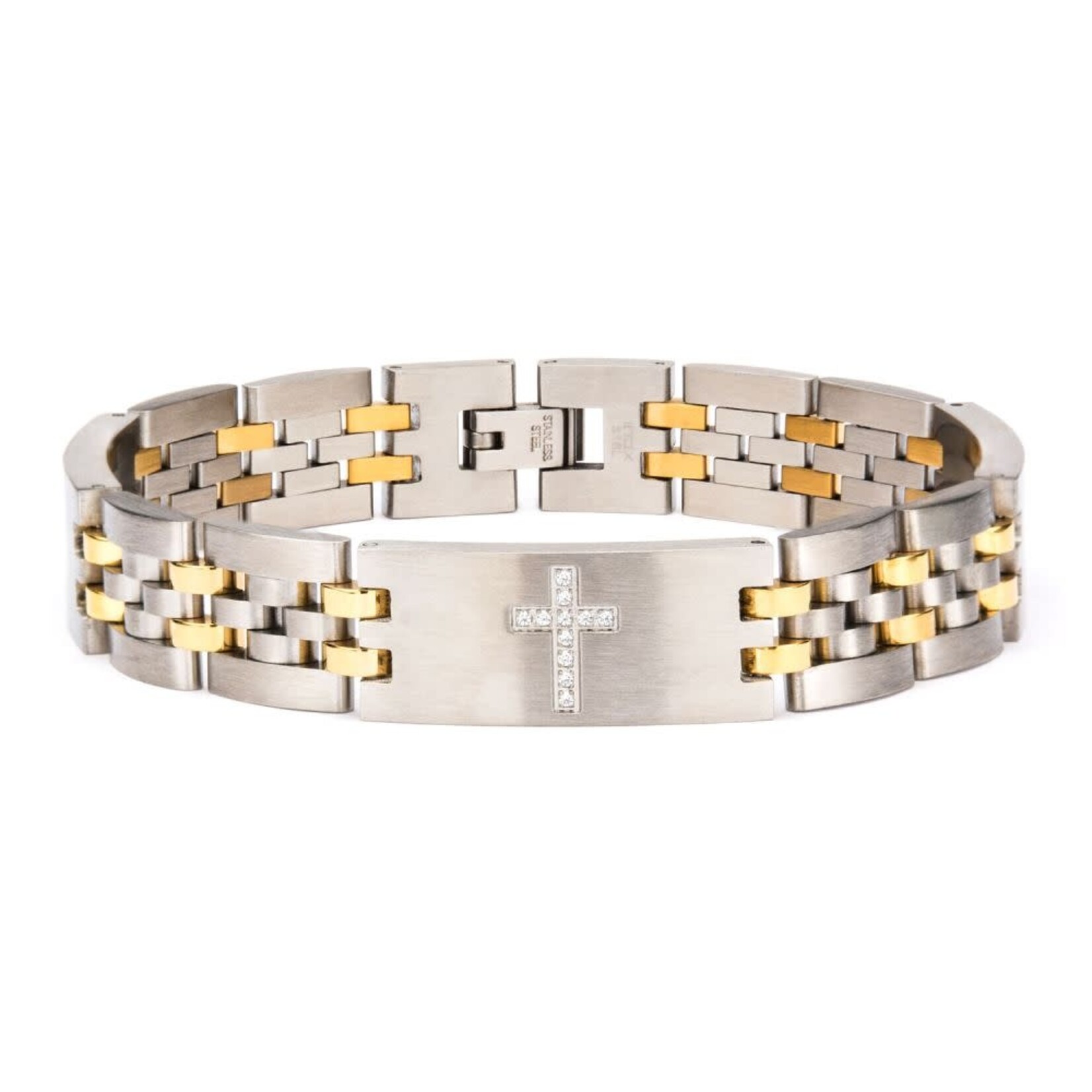 Inox Stainless Steel Two Tone with Clear CZ Stone Cross in Steel ID Panther Link Bracelet 8.5"-9"