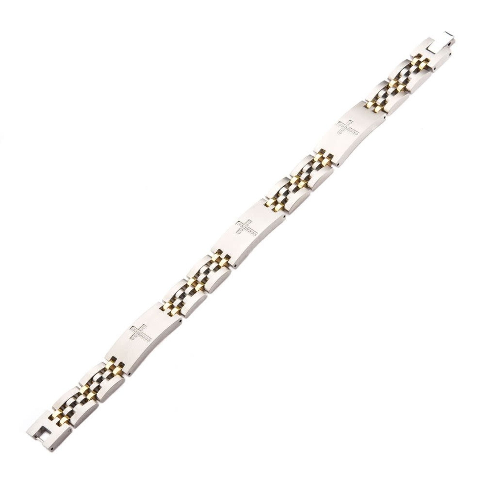 Inox Stainless Steel Two Tone with Clear CZ Stone Cross in Steel ID Panther Link Bracelet 8.5"-9"