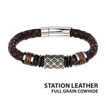 Inox Fleur De Lis Brown Braided Full Grain Cowhide Leather Bracelet 8.25"