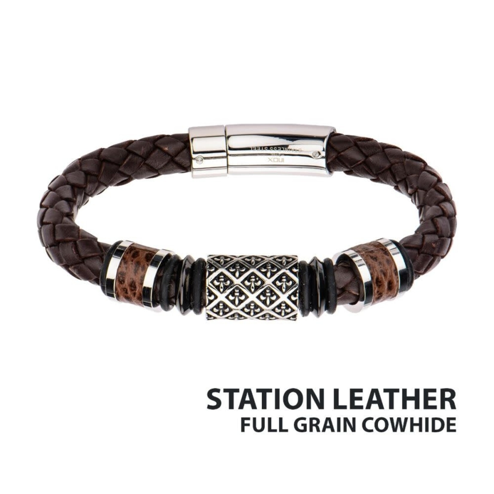 Inox Fleur De Lis Brown Braided Full Grain Cowhide Leather Bracelet 8.25"