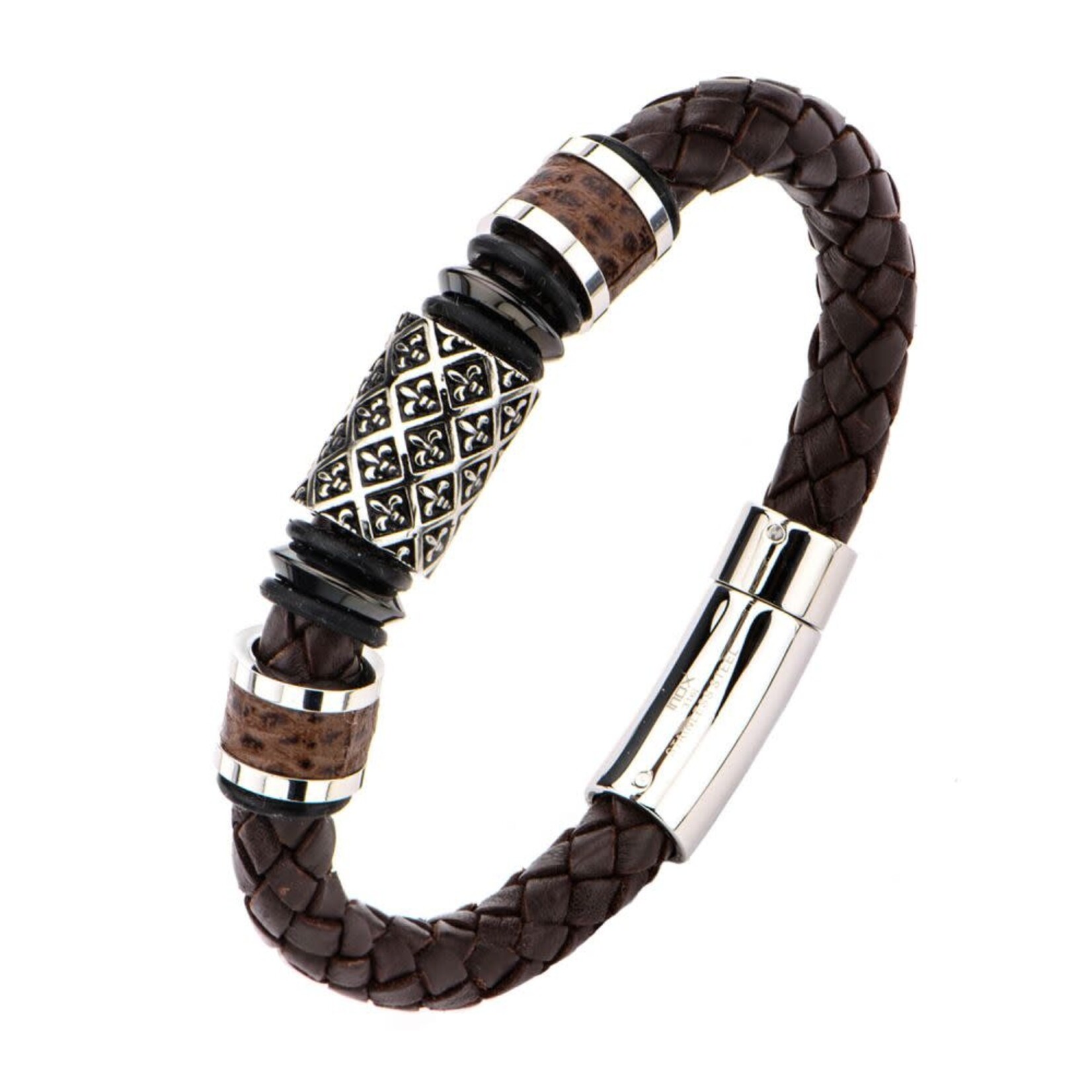 Inox Fleur De Lis Brown Braided Full Grain Cowhide Leather Bracelet 8.25"