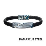 Inox Black Leather Bracelet with Blue IP Damascus Steel Plate 8"