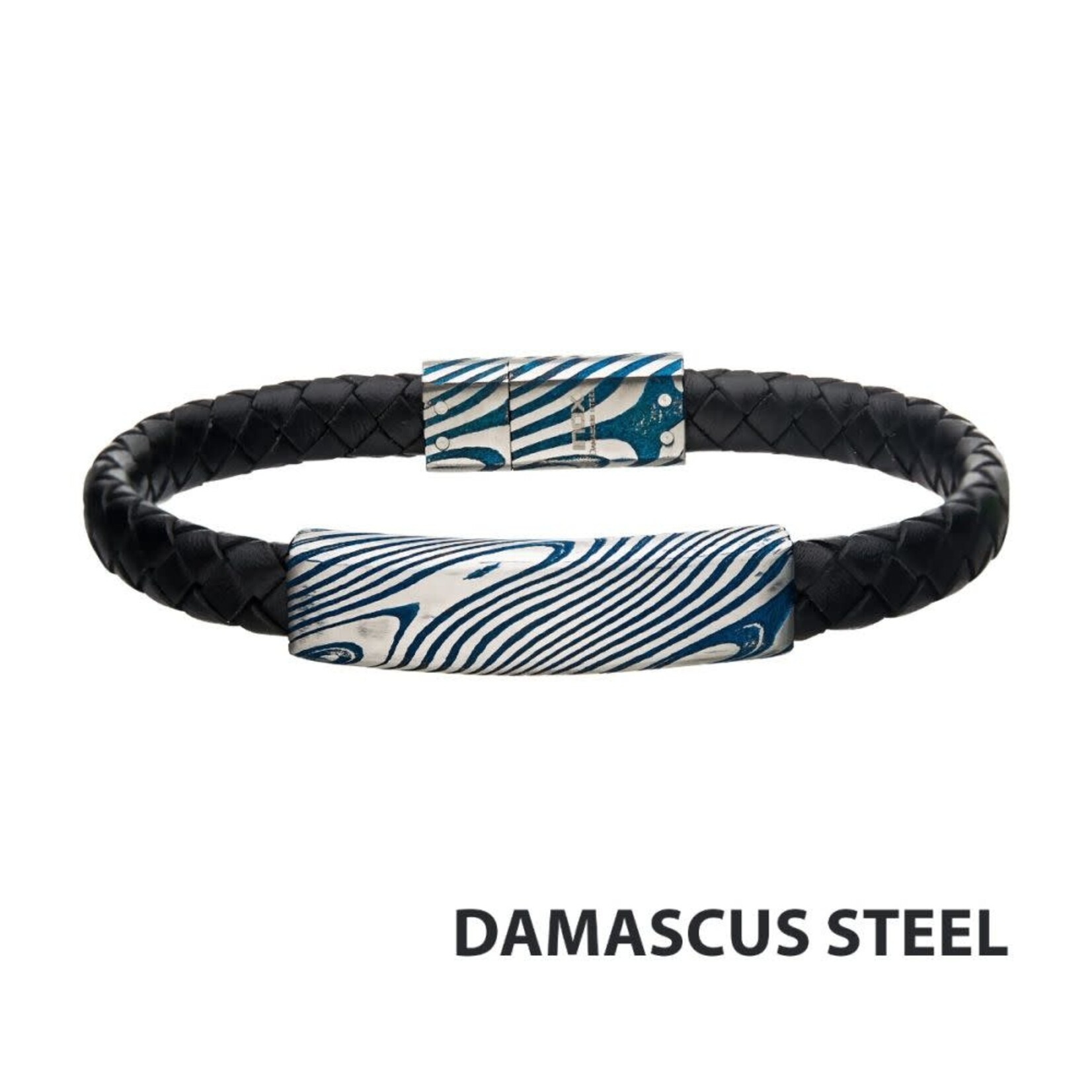 Inox Black Leather Bracelet with Blue IP Damascus Steel Plate 8"