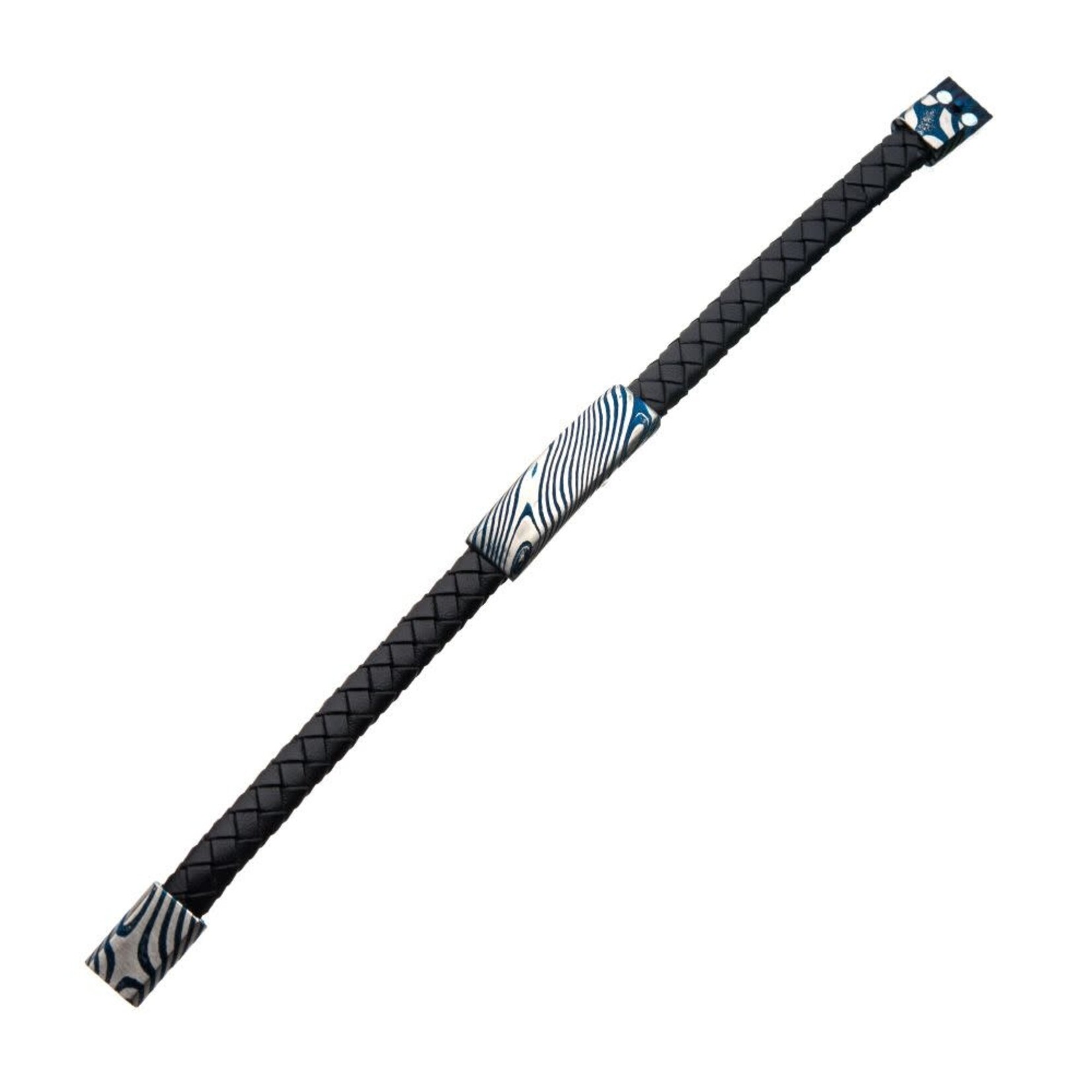 Inox Black Leather Bracelet with Blue IP Damascus Steel Plate 8"