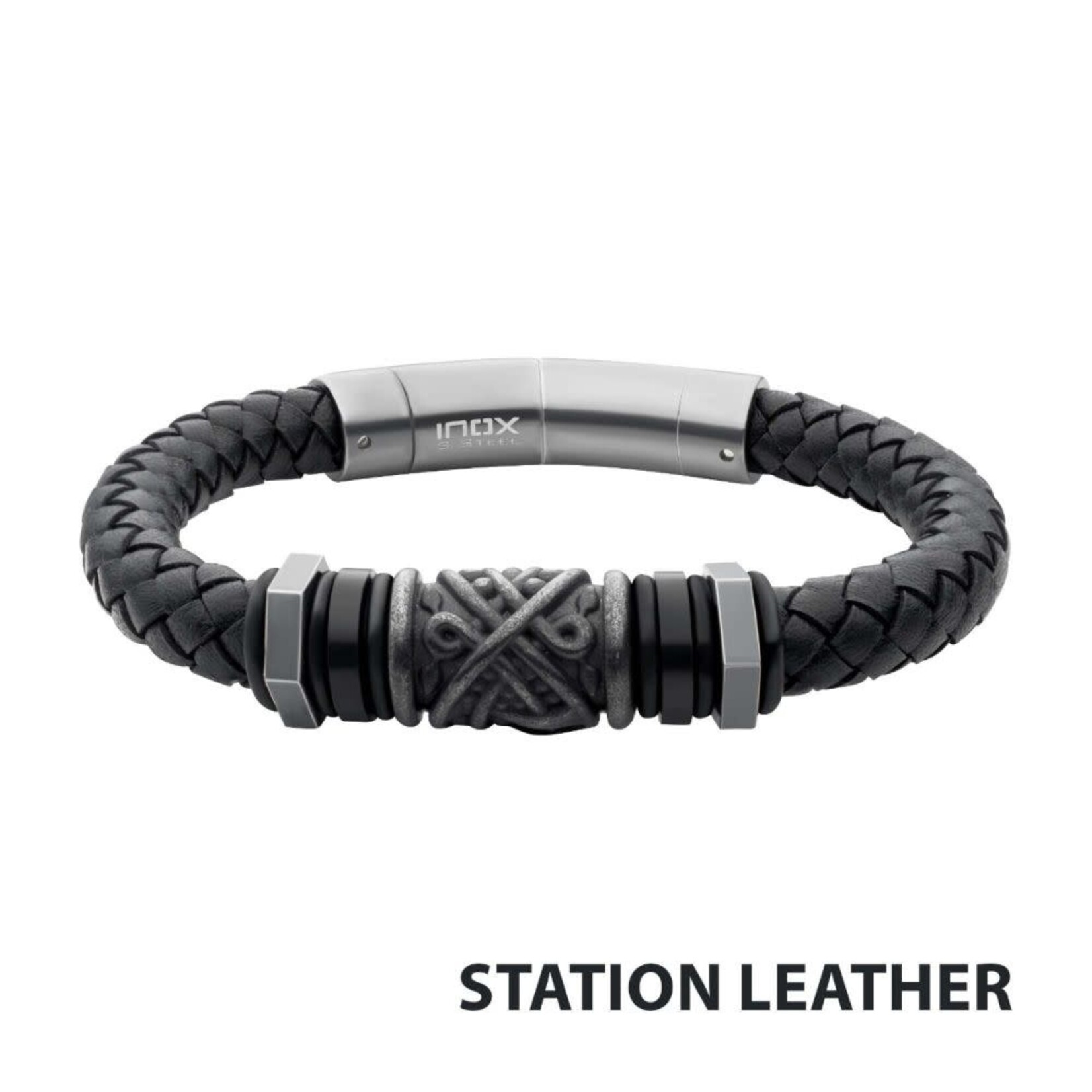 Inox Black Full Grain Cowhide Leather Braided Bracelet with Gun Metal Beads 8.5"-9"