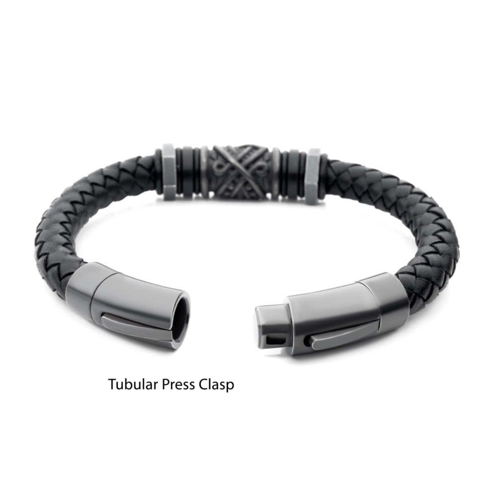 Inox Black Full Grain Cowhide Leather Braided Bracelet with Gun Metal Beads 8.5"-9"