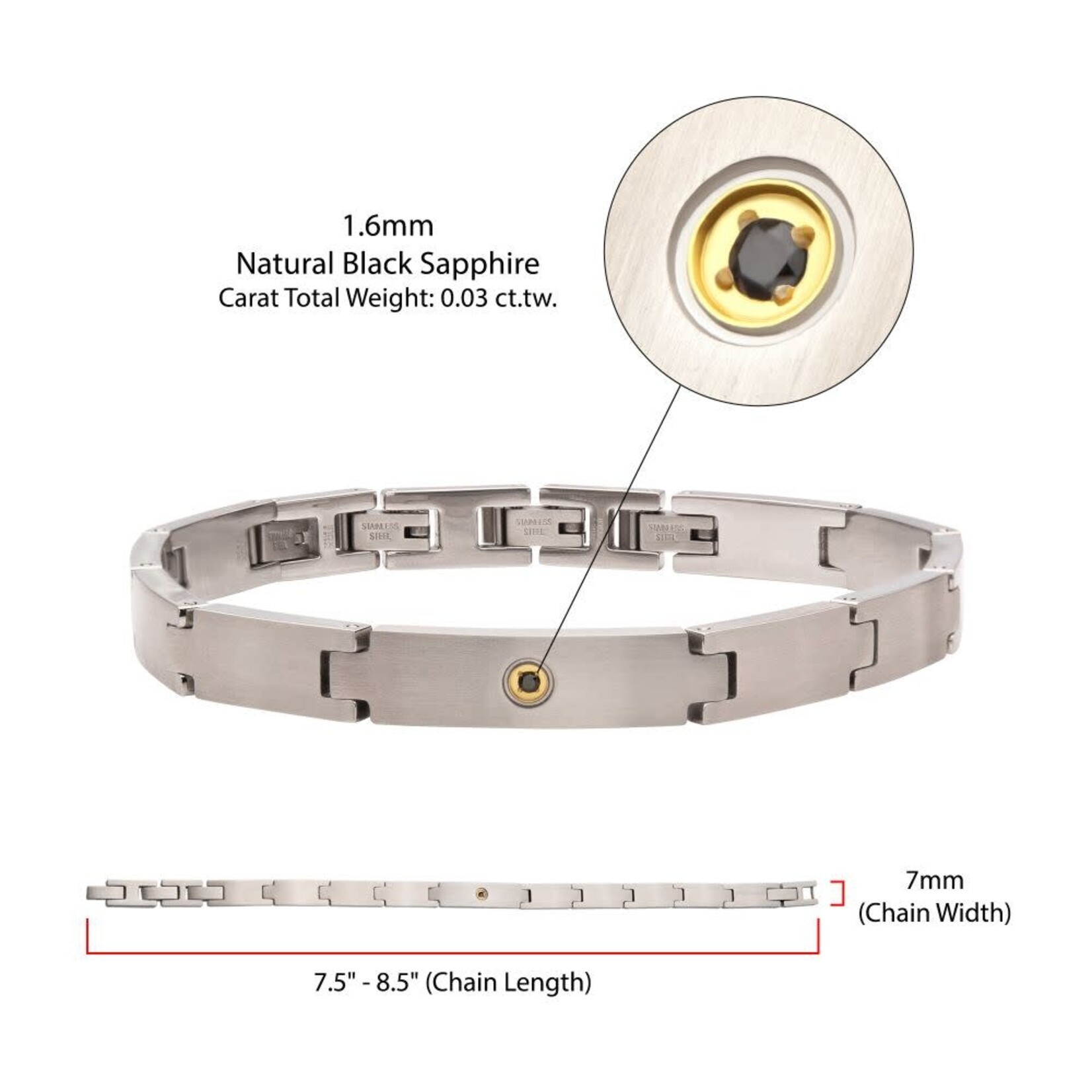 Inox 1.6mm Genuine Black Sapphire Gem on Matte Finish Steel Adjustable Link Bracelet 7.5"-8.5"