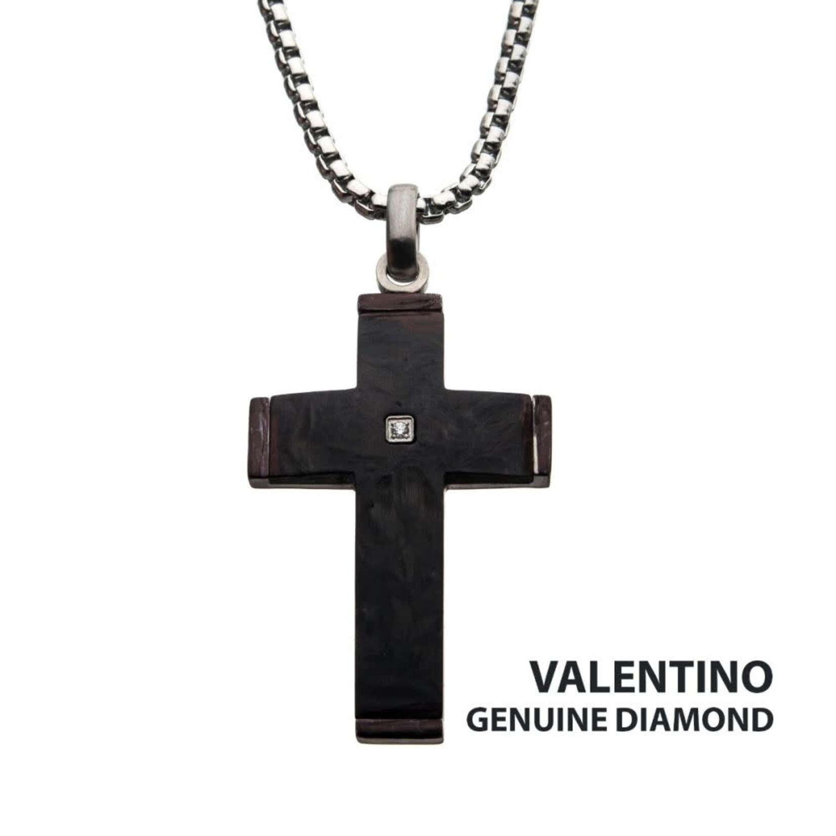 Inox Solid Carbon Cross Pendant with 1.5mm Genuine Clear Diamond 24"