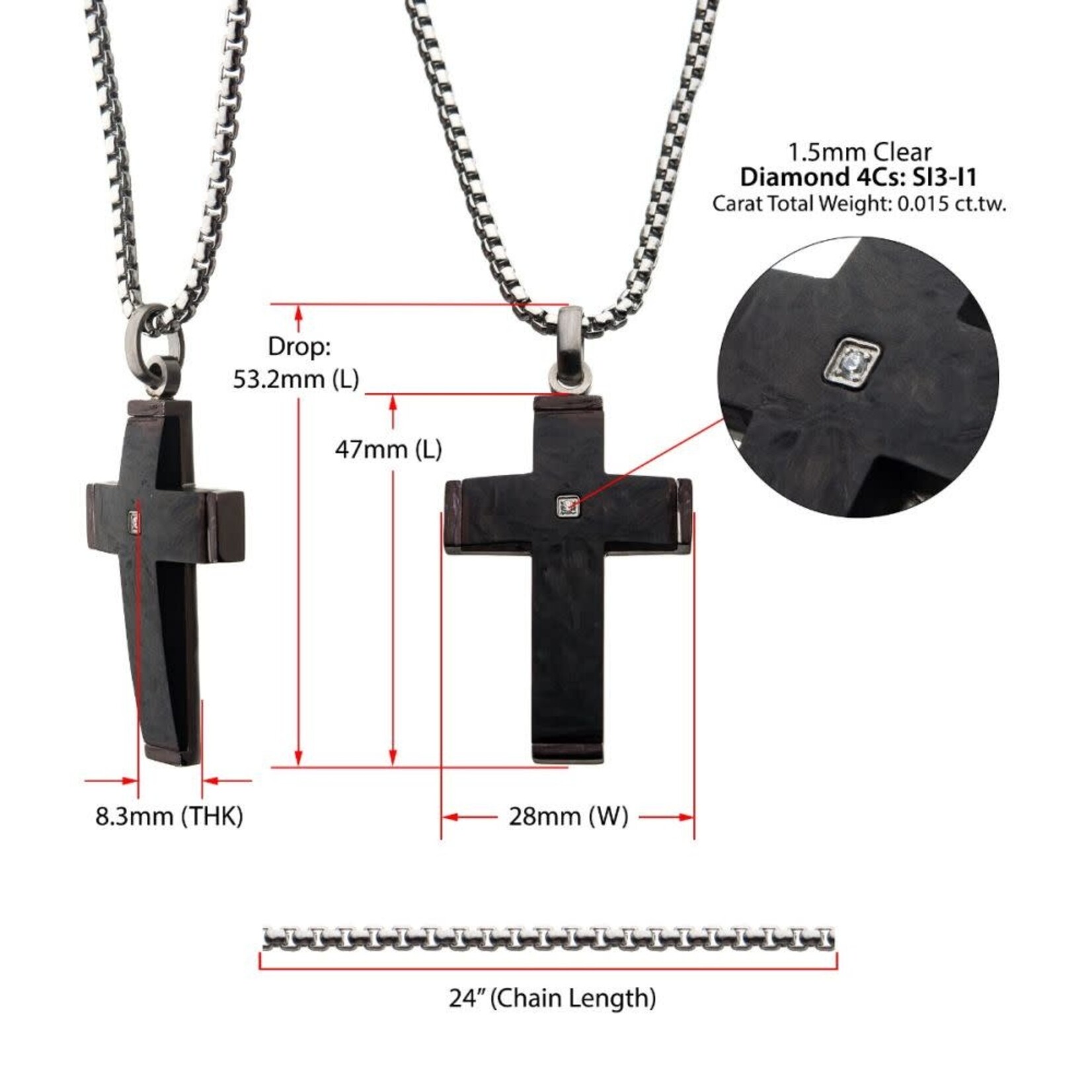 Inox Solid Carbon Cross Pendant with 1.5mm Genuine Clear Diamond 24"