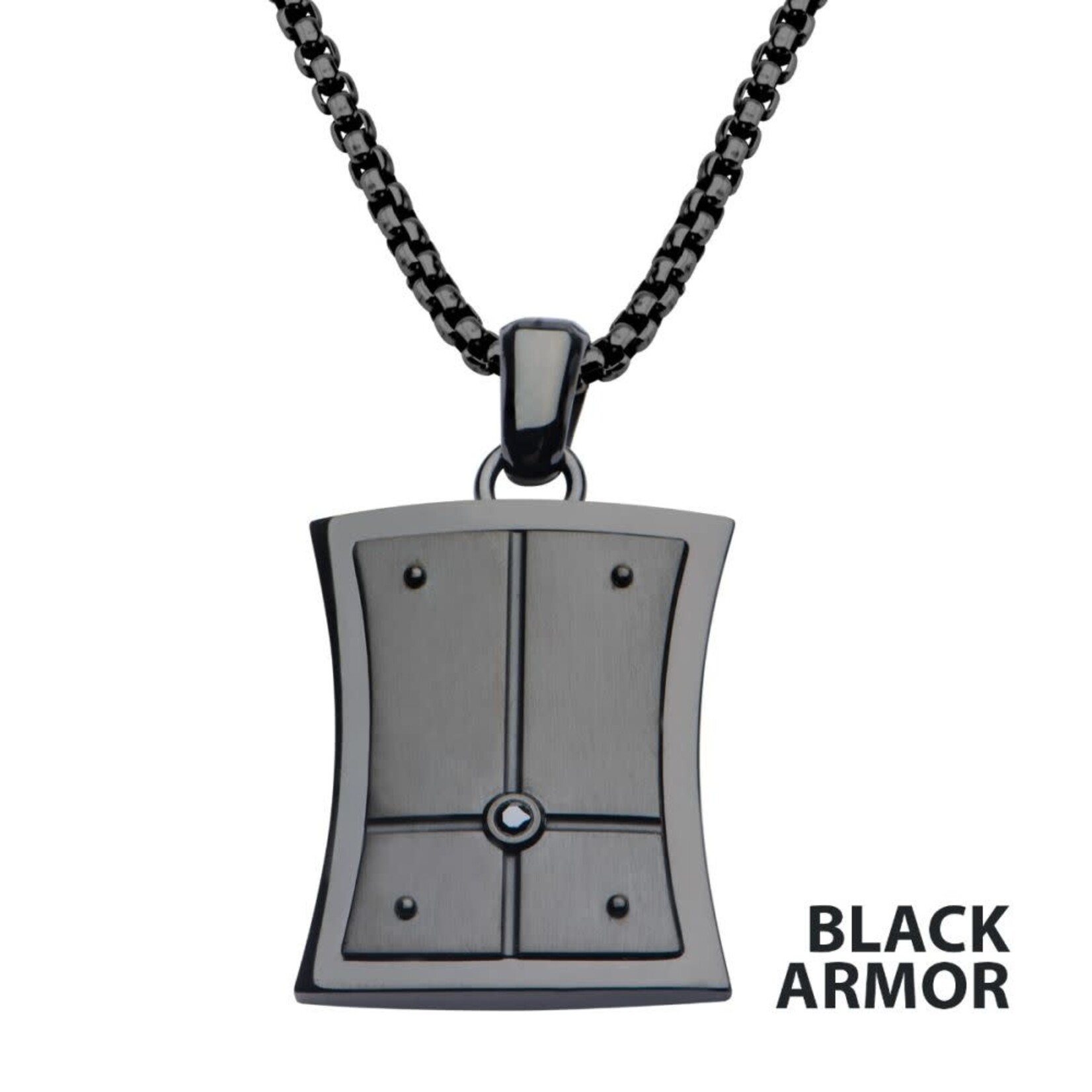 Inox 2.5mm Black Genuine Diamond Black IP Dog Tag Pendant with Steel Box Chain 22"