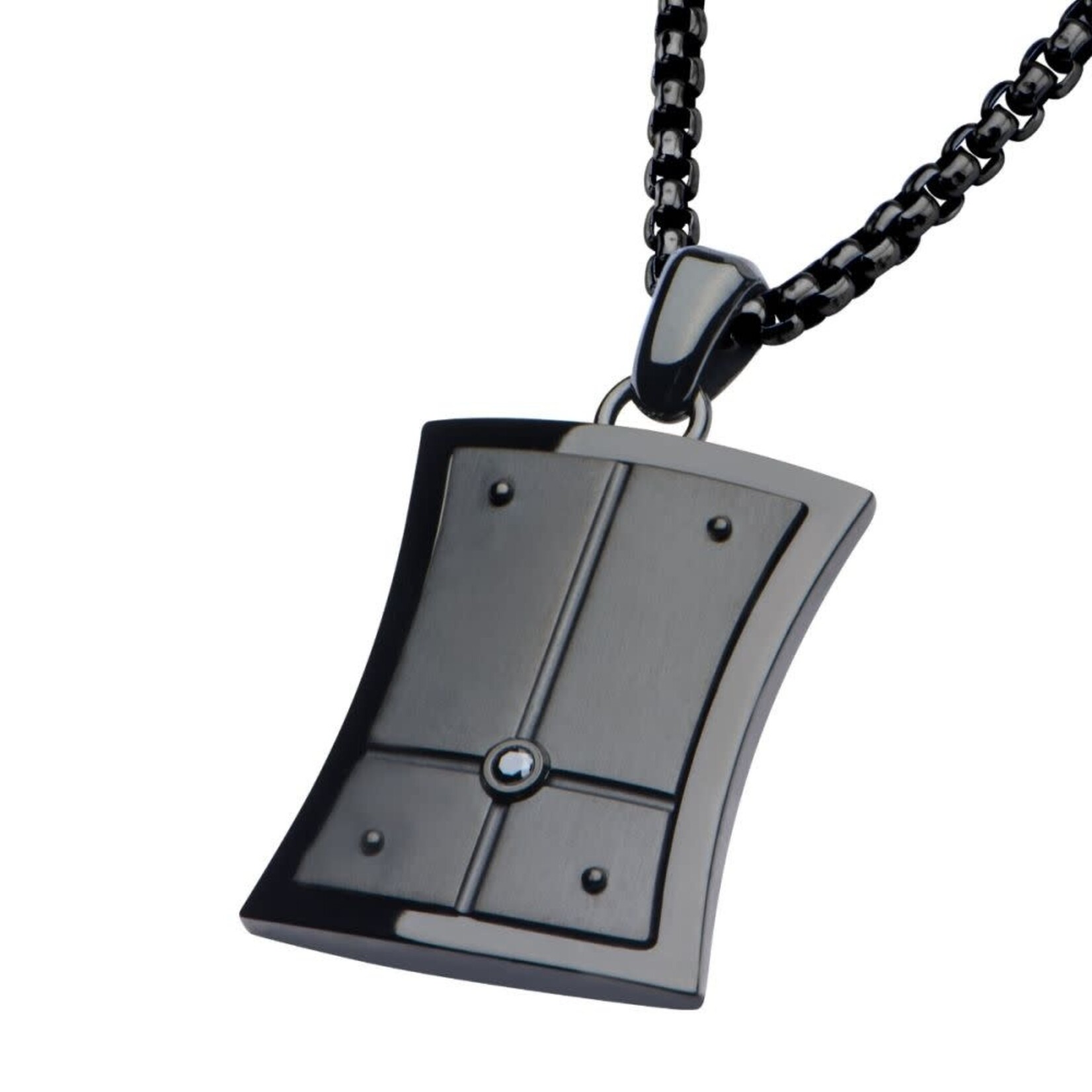 Inox 2.5mm Black Genuine Diamond Black IP Dog Tag Pendant with Steel Box Chain 22"