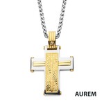 Inox 0.02 Carat Clear Genuine Diamond Gold IP Steel Intricate Carved Pattern Cross Pendant  with Steel Wheat Chain 22"