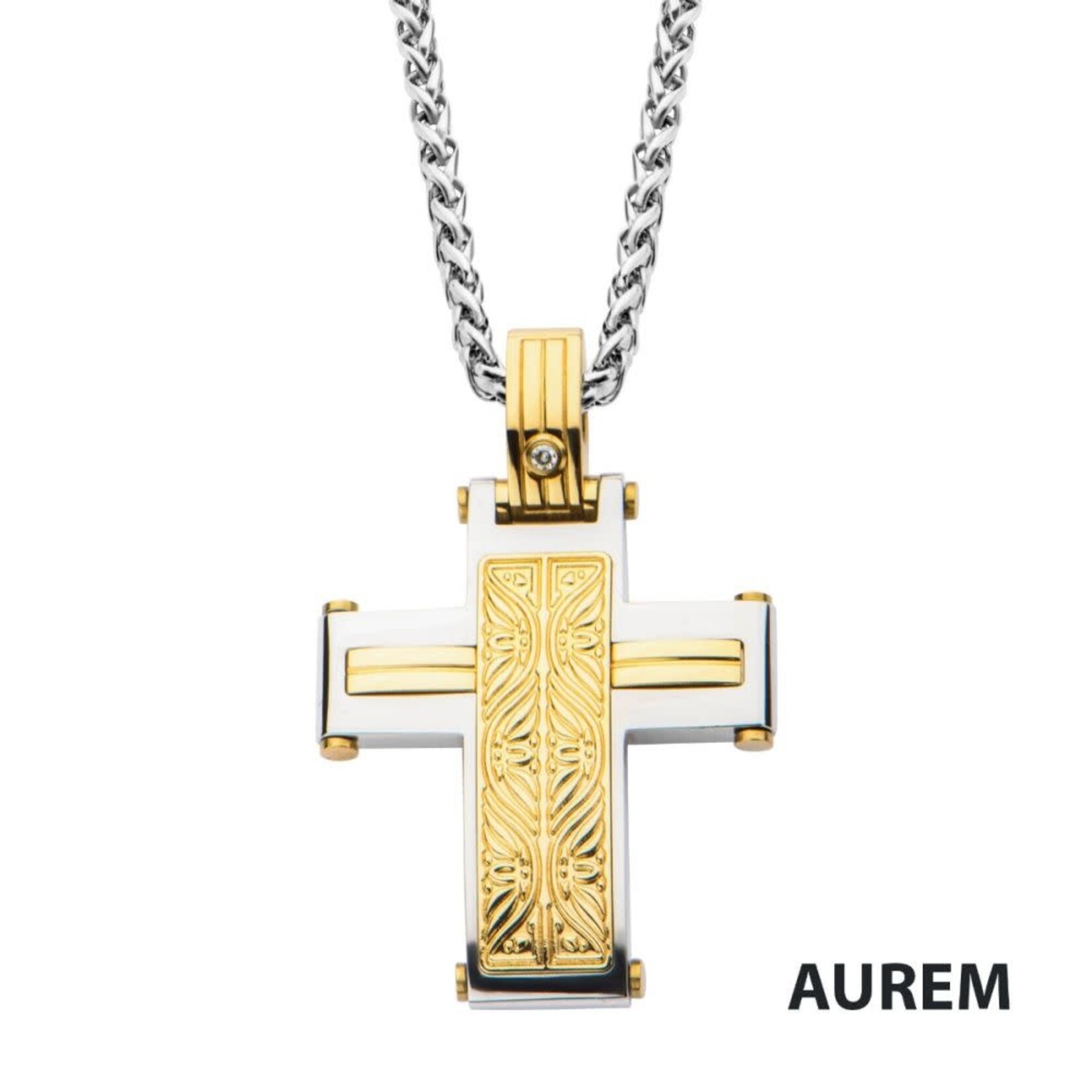 Inox 0.02 Carat Clear Genuine Diamond Gold IP Steel Intricate Carved Pattern Cross Pendant  with Steel Wheat Chain 22"