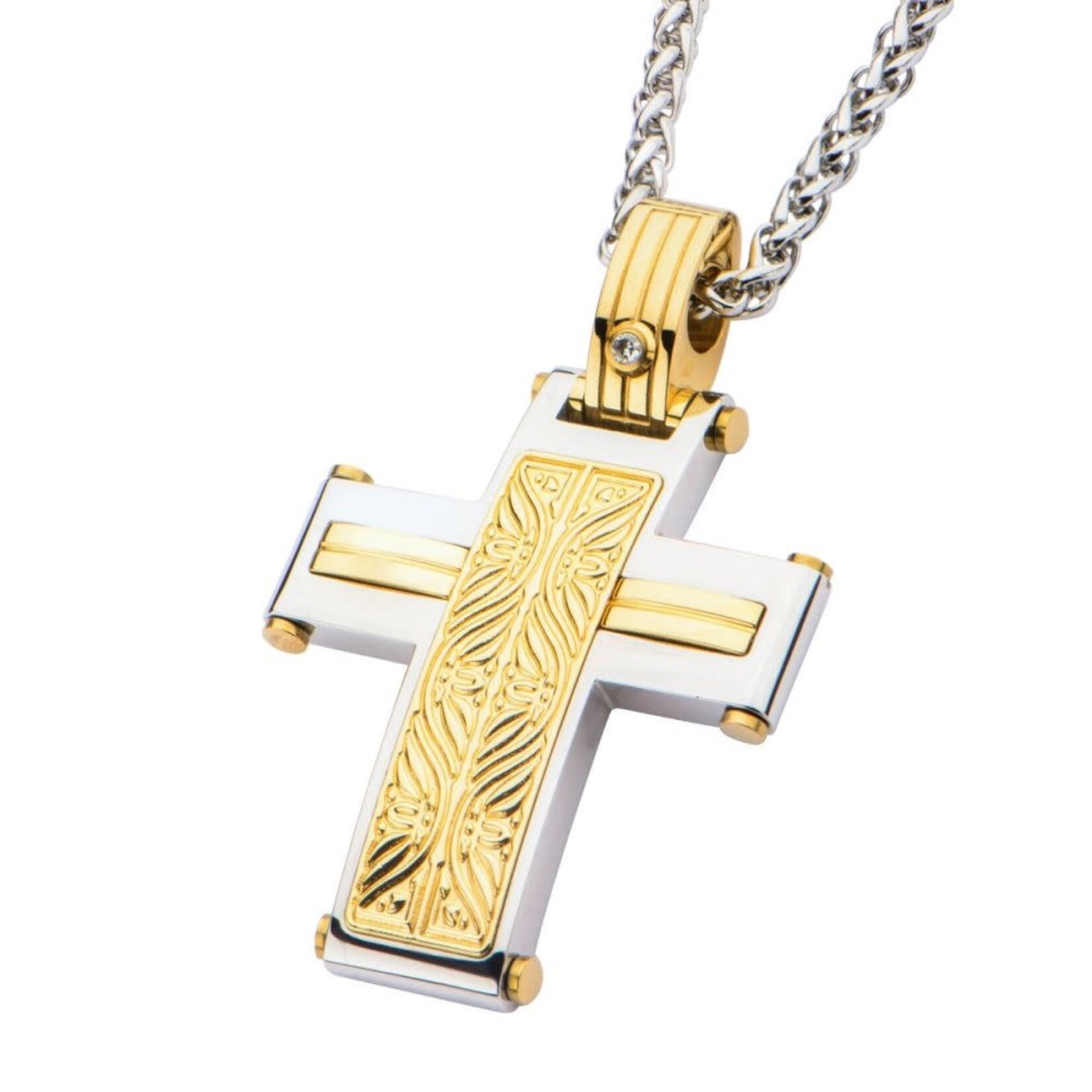 Inox 0.02 Carat Clear Genuine Diamond Gold IP Steel Intricate Carved Pattern Cross Pendant  with Steel Wheat Chain 22"