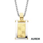 Inox 0.02 Carat Clear Genuine Diamond Gold IP Steel Intricate Carved Pattern Dog Tag Pendant  with Steel Wheat Chain 22"