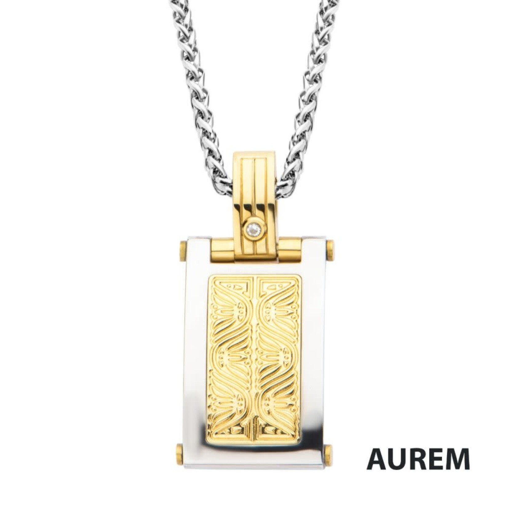 Inox 0.02 Carat Clear Genuine Diamond Gold IP Steel Intricate Carved Pattern Dog Tag Pendant  with Steel Wheat Chain 22"