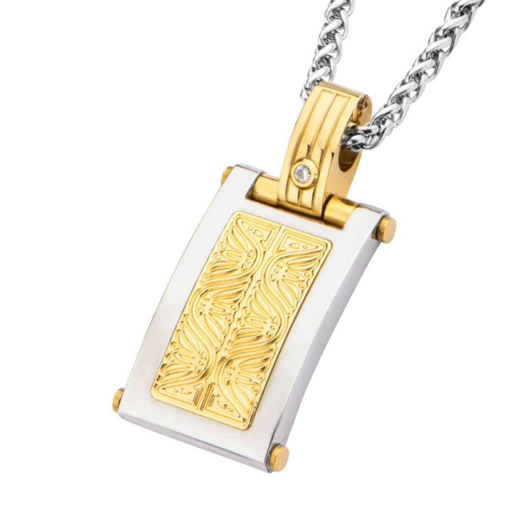 Inox 0.02 Carat Clear Genuine Diamond Gold IP Steel Intricate Carved Pattern Dog Tag Pendant  with Steel Wheat Chain 22"