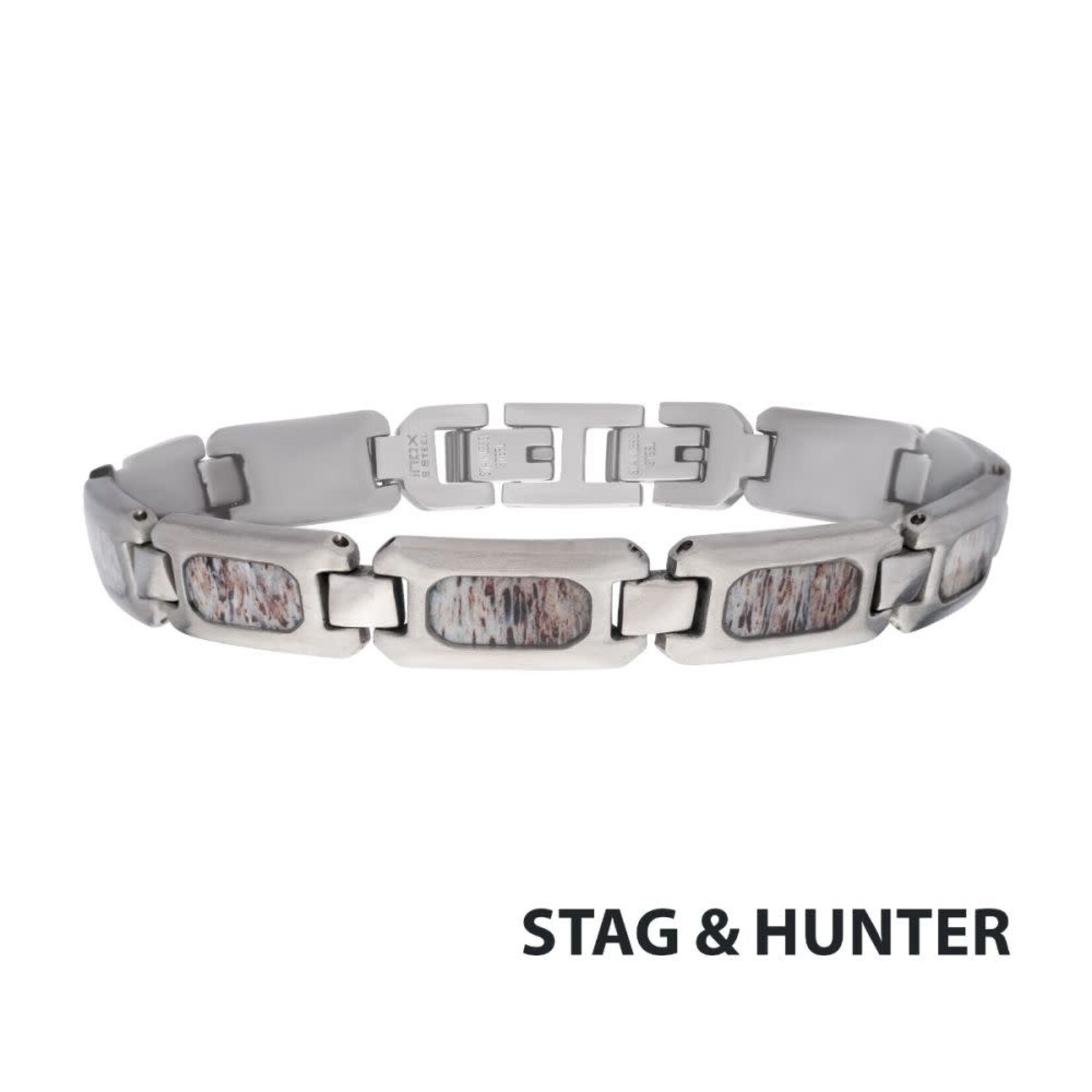 Inox Matte Finish Stainless Steel Deer Antler Inlay Link Bracelet 8.25"-8.75"