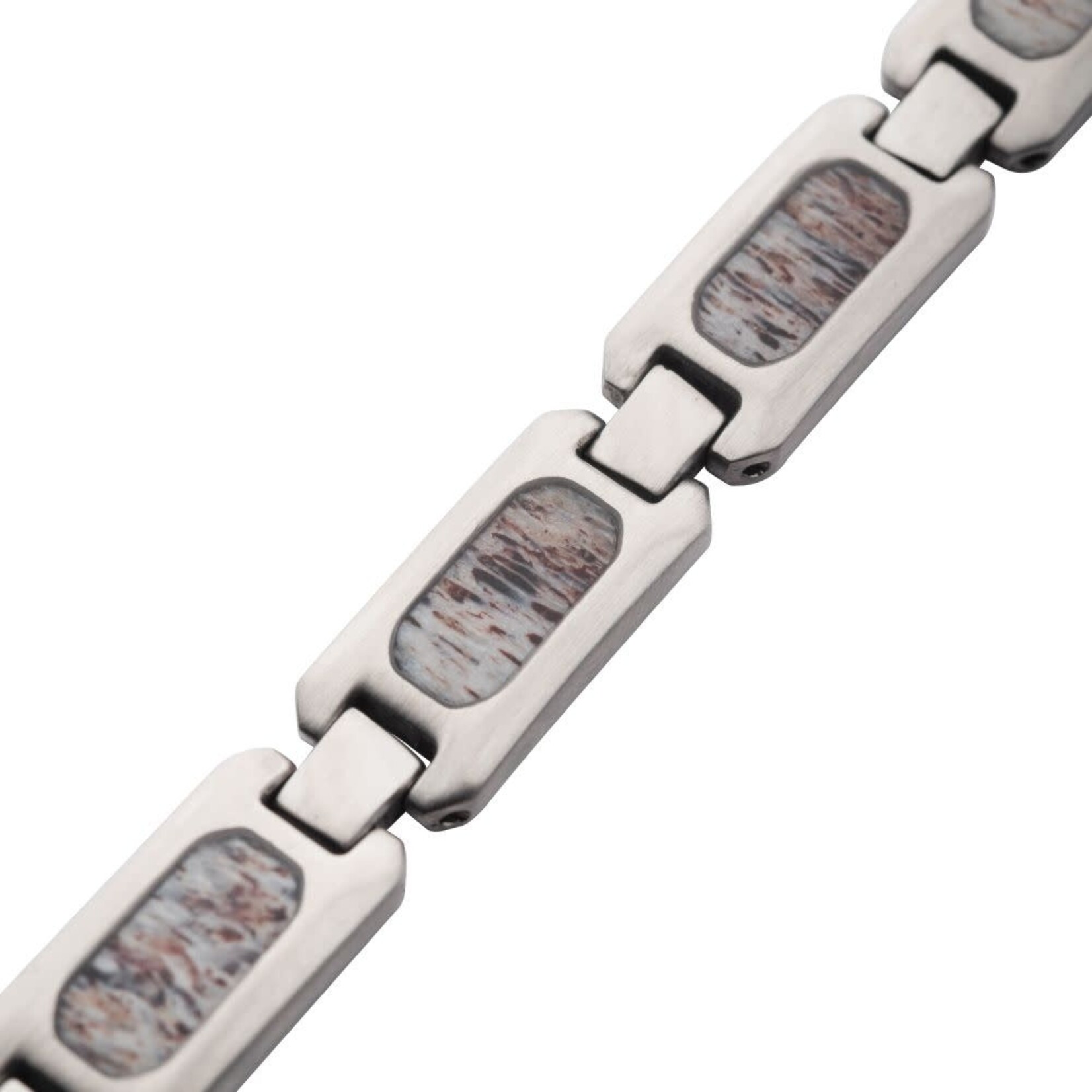 Inox Matte Finish Stainless Steel Deer Antler Inlay Link Bracelet 8.25"-8.75"