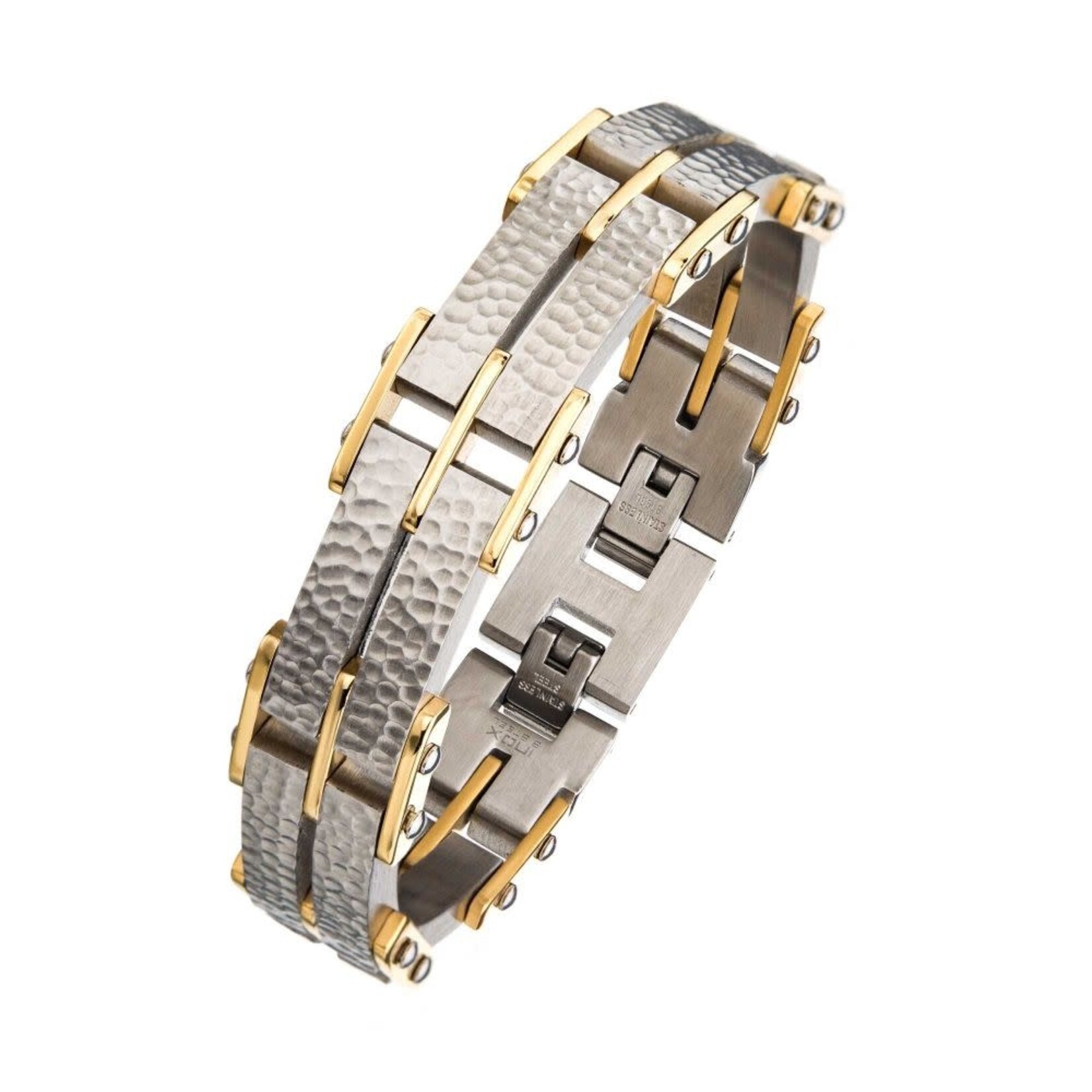 Inox Two Tone Gold Hammered Modern Bracelet 8.25"-8.75"