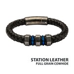 Inox Black Braided Full Grain Cowhide Leather with Steel Blue IP & Gray Beads Bracelet 8"