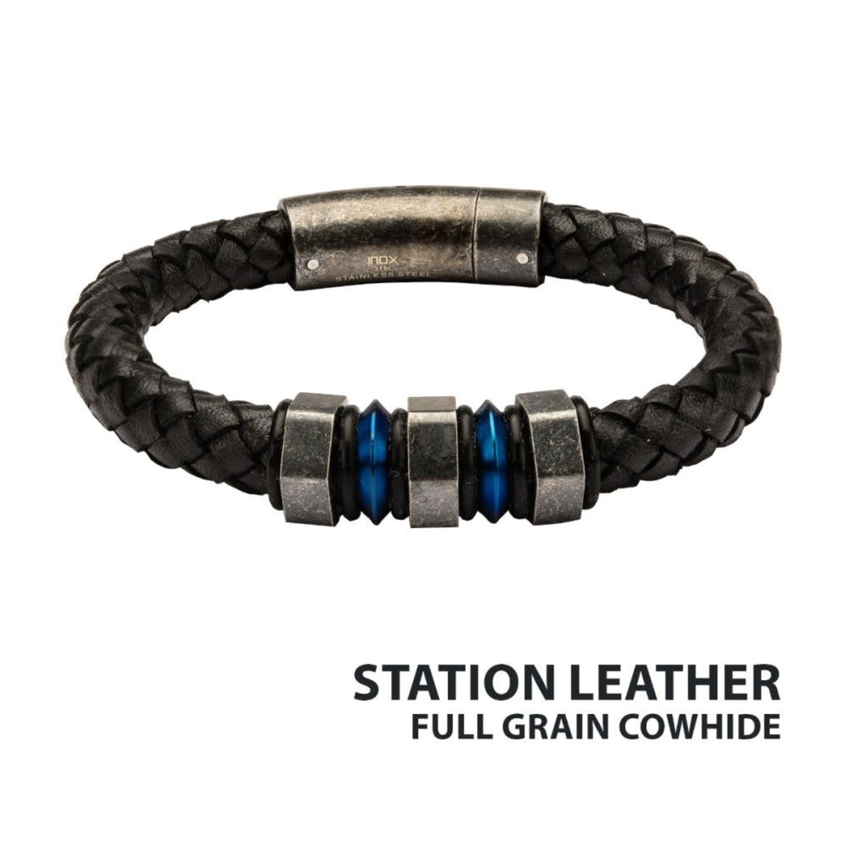 Inox Black Braided Full Grain Cowhide Leather with Steel Blue IP & Gray Beads Bracelet 8"