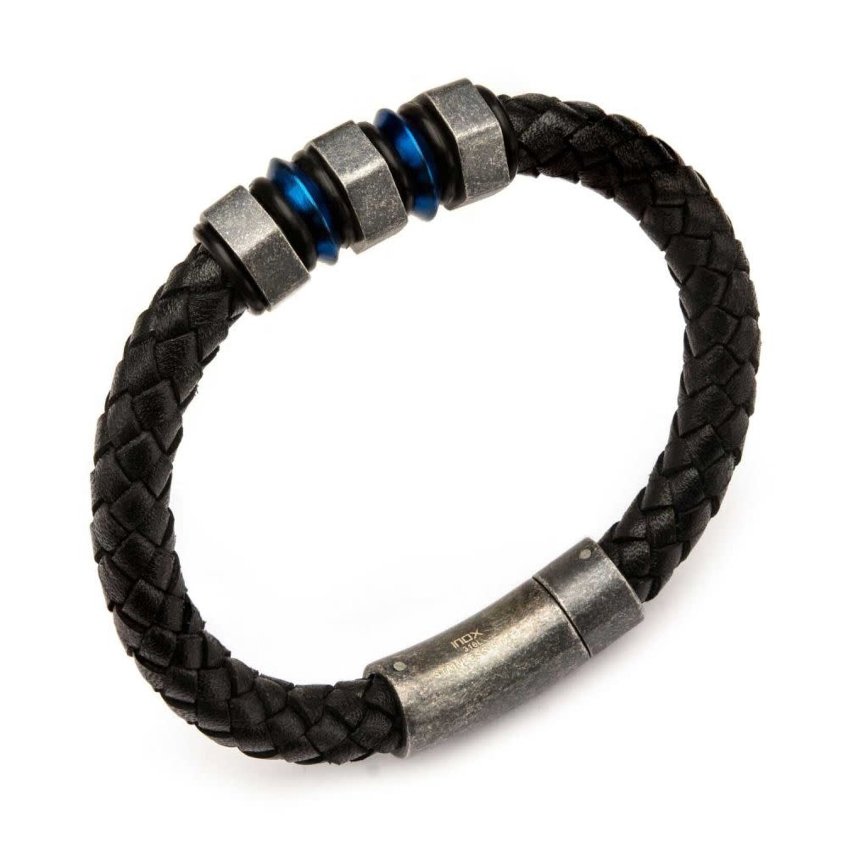 Inox Black Braided Full Grain Cowhide Leather with Steel Blue IP & Gray Beads Bracelet 8"