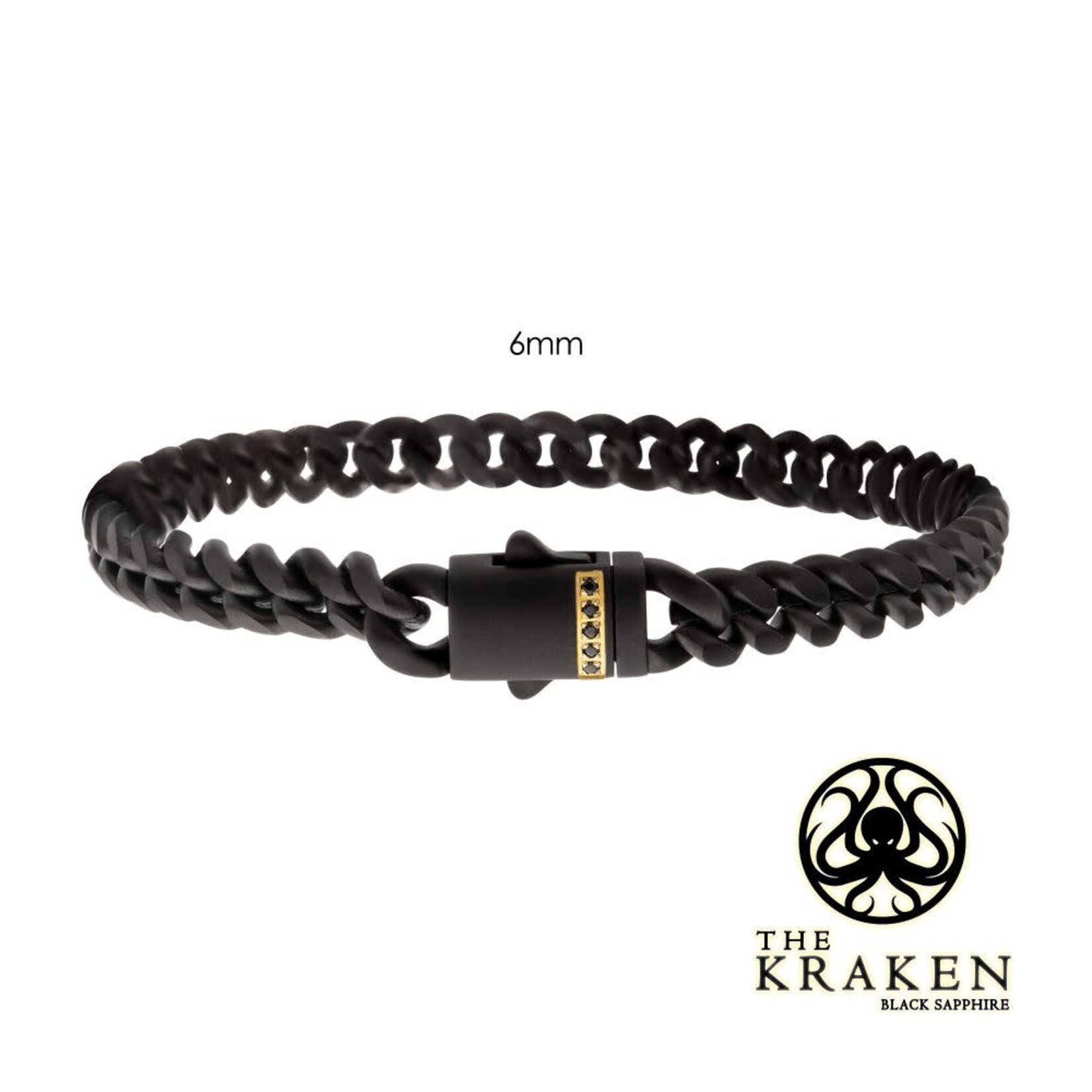 Inox 6mm Black IP Steel Matte Finish Miami Cuban Chain Bracelet with 1mm Genuine Black Sapphire Gem 8"