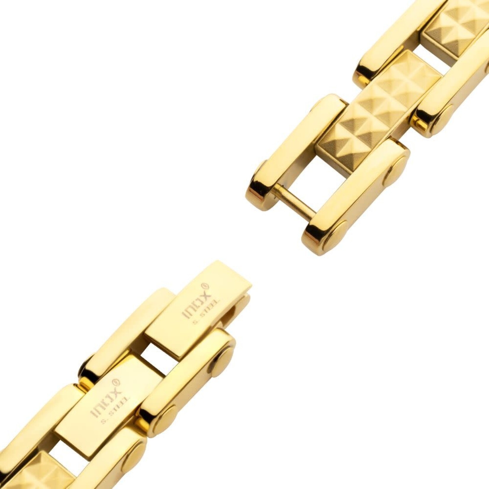 Inox 18Kt Gold IP Steel with Matte Finish Pyramid Stud Pattern & High Polished Finish Link Bracelet 8.25"-8.75"