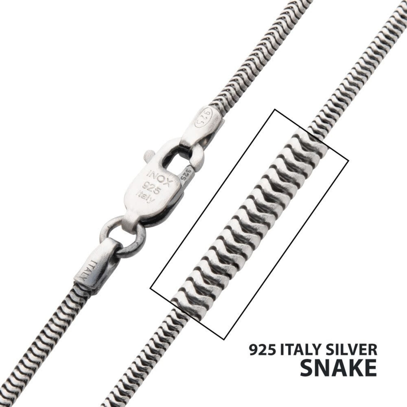 Inox 1.5mm 925 Italy Silver Black Rhodium Plated Brushed Satin Finish Snake Chain Necklace 22"